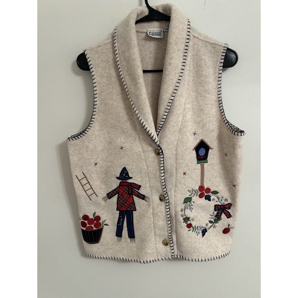 VTG Capacity Sweater Vest Sz Petite Medium Fall Scarecrow Apples Cottage  Autumn